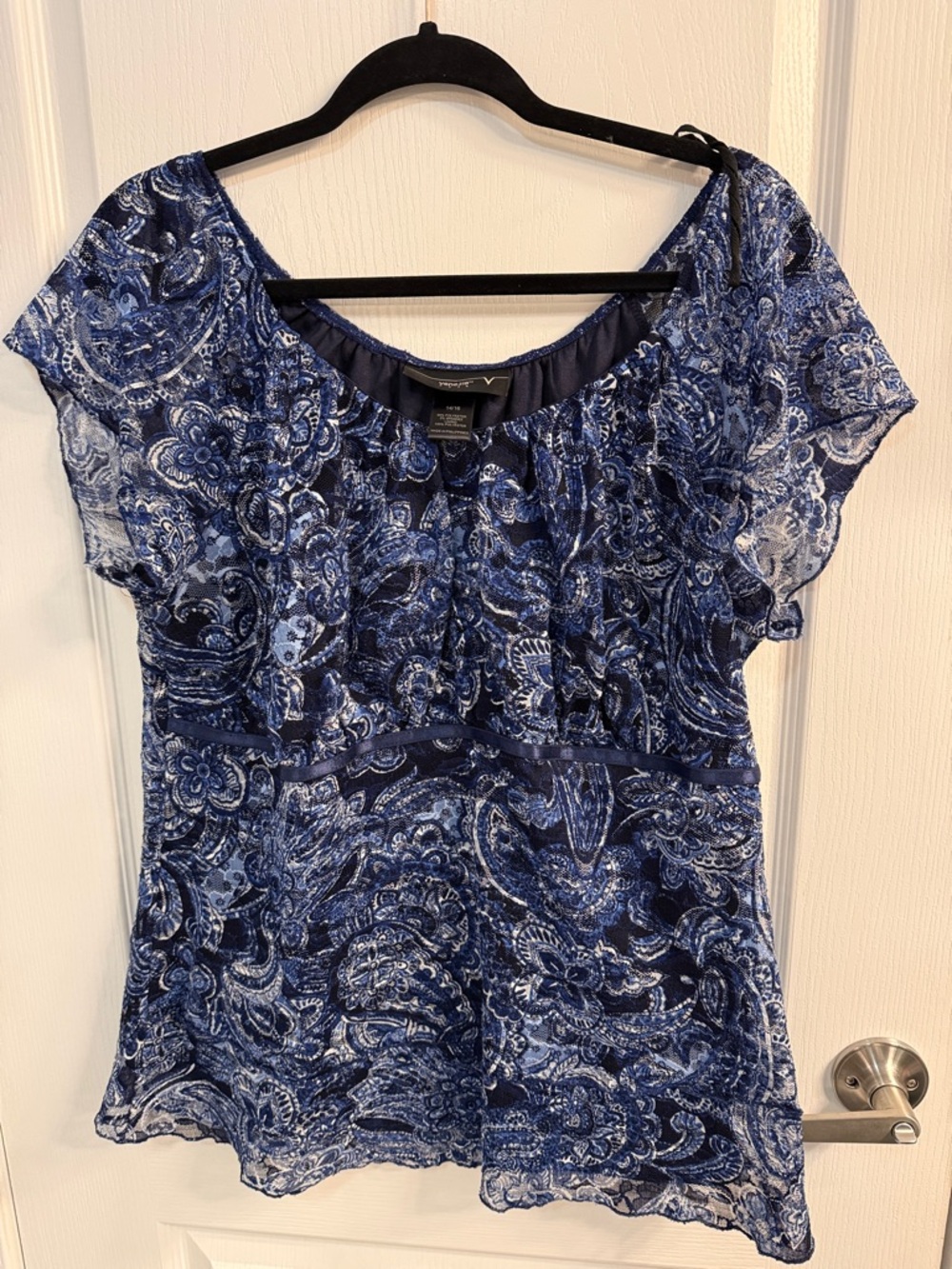 Venezia Navy and Light Blue Floral Scoop-Neck Blouse